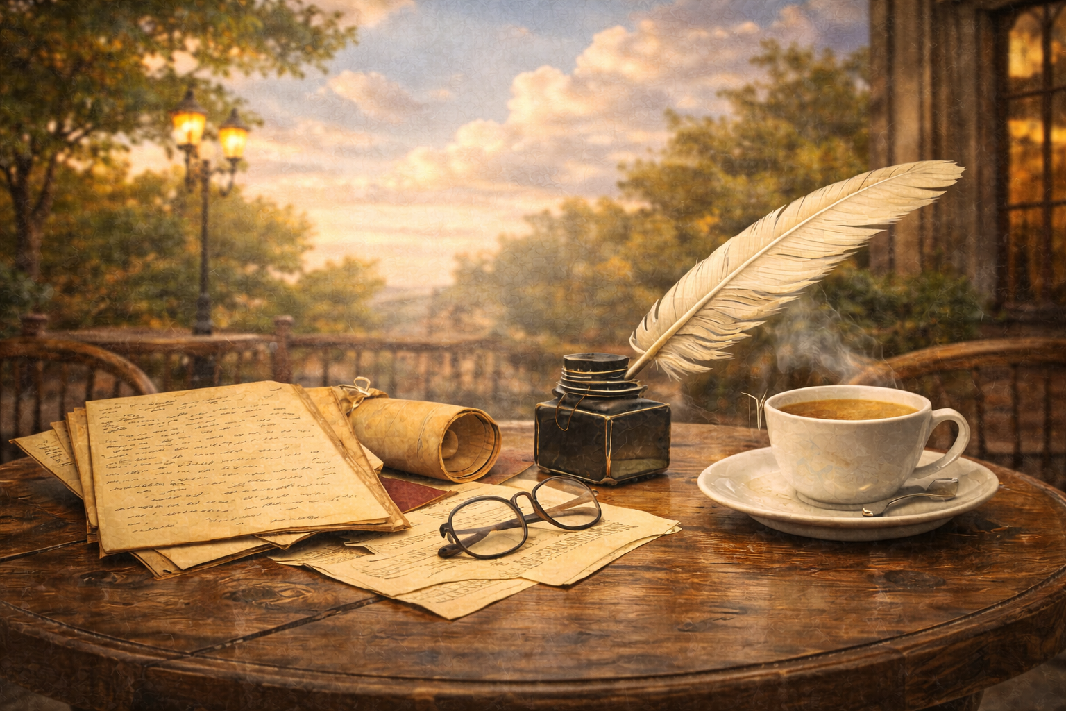 Café table with notebooks and newspapers symbolizing ideas and revolution in Buenos Aires